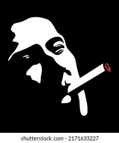 Chicago and Britain gangster mafia. Mysterious silhouette face of a man in a hat who smokes a cigar. Portrait for poster idea. Italian mafia.