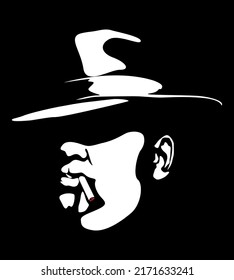 Chicago and Britain gangster mafia. Mysterious silhouette face of a man in a hat who smokes a cigar. Portrait for poster idea. Italian mafia.