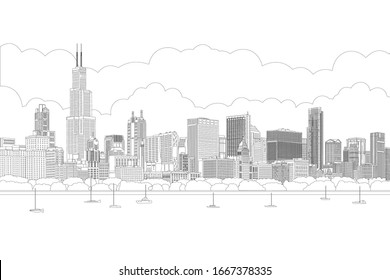 Chicago, building, skyscraper, skyline in sunny sunset reflected in water. Chicago city panorama with yachts. Line drawing, vector