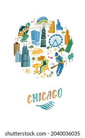 Chicago card with landmarks icons set. Traditional symbols, people and buildings full color vector illustration.