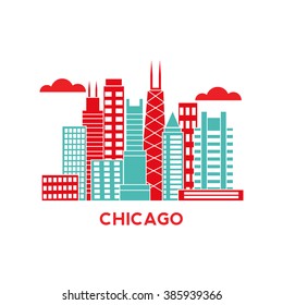 Chicago city architecture retro vector illustration, skyline city silhouette, skyscraper, flat design