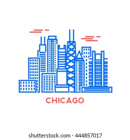 Chicago city architecture retro vector illustration, skyline city silhouette, skyscraper, stroke design