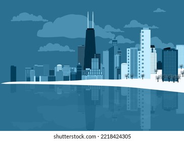 Chicago City Architecture Silhouette. Modern Downtown Area. Winter Panorama Of USA City. Skyscrapers, Lake Michigan, Willis Tower, Park. Cityscape. Vector Illustration EPS10