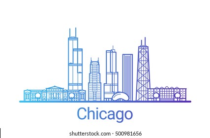 Linha de gradiente colorida da cidade de Chicago. Todos os edifícios de Chicago - objetos personalizáveis com máscara de opacidade, para que você possa mudar simples composição e preenchimento de fundo. Arte de linha.