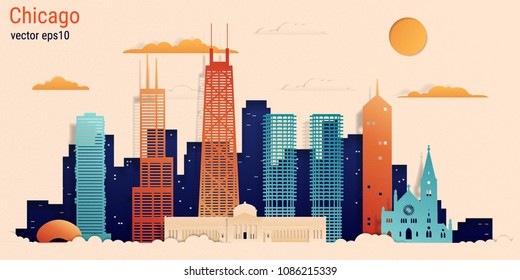 Chicago city colorful paper cut style, vector stock illustration. Cityscape with all famous buildings. Skyline Chicago city composition for design 