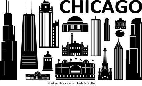 Chicago City Downtown Skyline Ouline Silhouette Vector