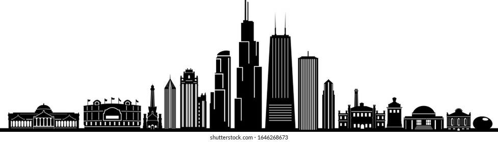 Chicago City Downtown Skyline Ouline Silhouette Vector