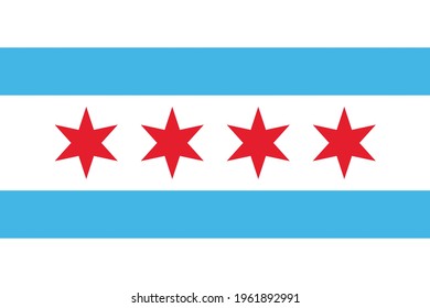 Chicago city flag vector. White with light blue stripe background and four distinct red stars.