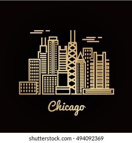 Chicago city golden architecture vector illustration, skyline city silhouette, skyscraper, stroke design