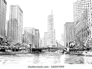 Chicago City Hand Drawn. Street Sketch, Vector Illustration