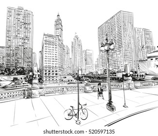 Chicago City desenhado à mão. Esboço de rua, ilustração vetorial