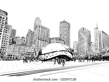 Chicago cidade desenhada à mão. EUA. Esboço de rua, ilustração vetorial