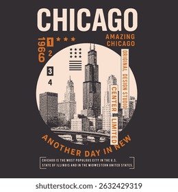 Chicago city Illinois with lettering design. Vector and illustration. Chicago typography design. vintage city print. city graphics in vintage illustration. city t-shirt design in vector.