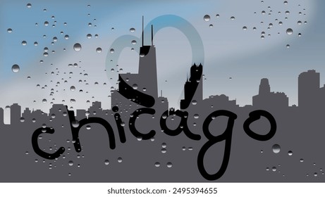 Chicago city, landscape from car, flat color illustration