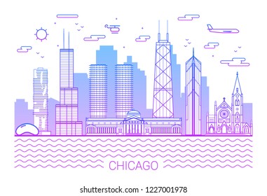 Chicago city line art Vector illustration with all famous building. Cityscape banner in a trendy modern style, typographic composition of gradient lines and background 