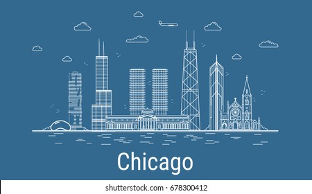 Chicago city, Line Art Vector illustration with all famous towers. Linear Banner with Showplace. Composition of Modern buildings, Cityscape. Chicago buildings set