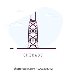 Chicago city line style illustration. Famous tower in Chicago. Architecture city symbol of USA. Outline building vector illustration. Sky with clouds on background. Travel and tourism banner.

