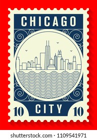 Chicago City Line Style Postage Stamp Design