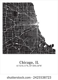 Chicago city map. Travel poster vector illustration with coordinates. Chicago, Illinois, The United States of America Map in dark mode.