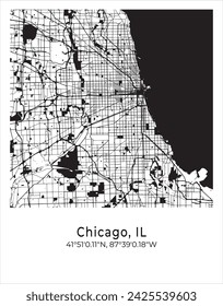 Chicago city map. Travel poster vector illustration with coordinates. Chicago, Illinois, The United States of America Map in light mode.