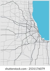 Mapa da cidade de Chicago (EUA) - ruas da cidade no plano. Mapa de linha monocromático do esquema de estrada. Ambiente urbano, fundo arquitetônico. Vetor 