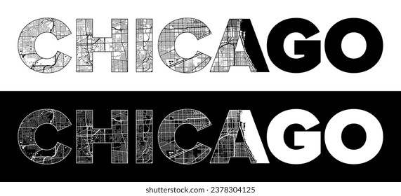 Nombre de la ciudad de Chicago (Estados Unidos, Norteamérica) con mapa de ciudades blancas negras vector de ilustración