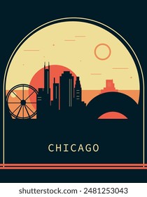 Chicago city retro style poster with skyline, cityscape. USA Washington state vintage vector illustration. US front cover, brochure, flyer, leaflet template, layout image