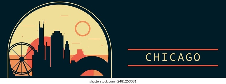 Anuncio de Vector de estilo retro de la ciudad de Chicago con horizonte, paisaje urbano. Ilustración Horizontal vintage del estado de Washington. Diseño de viajes de los Estados Unidos de América para presentación de Web, encabezado, pie de página