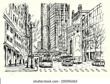 Chicago city scene hand drawn isolated illustration