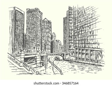 Chicago city scene hand drawn isolated illustration