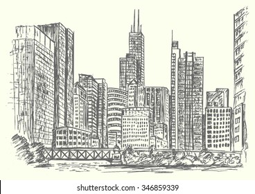 Chicago city scene hand drawn isolated illustration