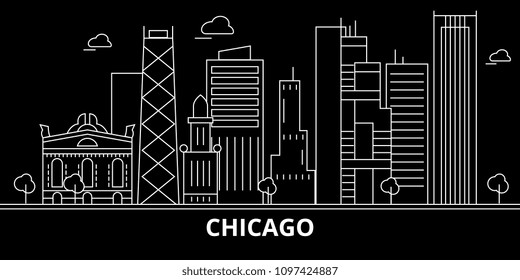 Chicago city silhouette skyline. USA - Chicago city vector city, american linear architecture, buildings. Chicago city travel illustration, outline landmarks. USA flat icon, american line banner