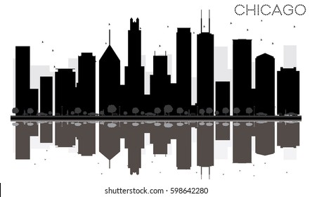 Chicago City Skyline Schwarz-Weiß Silhouette mit Spiegelungen. Vektorgrafik. Einfaches flaches Konzept für touristische Präsentation, Banner, Plakate oder Website. Stadtlandschaft mit Sehenswürdigkeiten.