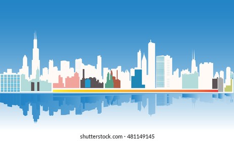 Chicago city skyline and buildings silhouette background. Vector illustration, flat design, multiple colours, isolated with water shadow