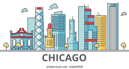 Chicago city skyline. Buildings, streets, silhouette, architecture, landscape, panorama, landmarks. Editable strokes. Flat design line vector illustration concept. Isolated icons on white background