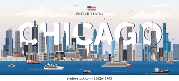 Chicago city skyline colorful vector illustration. Travel poster