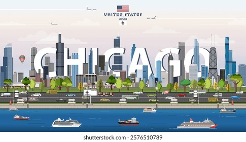 Chicago city skyline colorful vector illustration. Travel poster