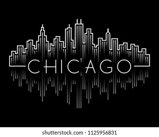 Chicago city skyline concept buildings line  style set white on black background