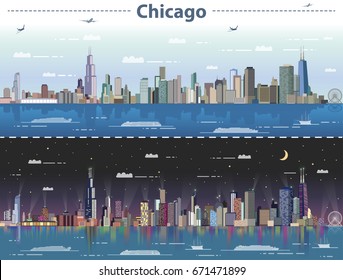 Chicago city skyline at day and night vector illustration