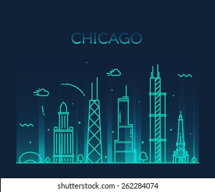 Chicago City skyline detailed silhouette. Trendy vector illustration, line art style.