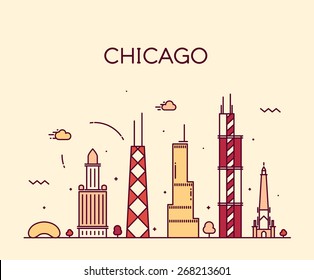 Chicago City skyline detailed silhouette. Trendy vector illustration, line art style.