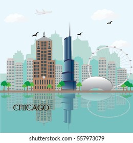 Chicago city skyline with famous landmarks. Flat style vector illustration.