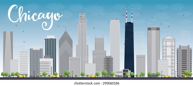 Chicago city skyline with grey skyscrapers and blue sky. Vector illustration. Business travel and tourism concept with place for text. Image for presentation, banner, placard and web site