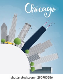 Chicago city skyline with grey skyscrapers, blue sky and copy space. Vector illustration. Business travel and tourism concept with place for text. Image for presentation, banner, placard and web site