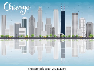 Chicago city skyline with grey skyscrapers and reflections. Vector illustration. Business travel and tourism concept. Image for presentation, banner, placard and web site