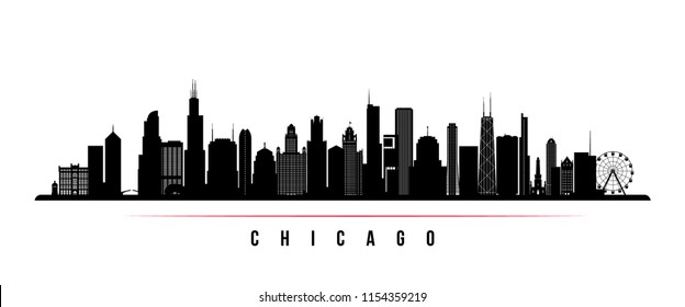 Chicago city skyline horizontal banner. Black and white silhouette of Chicago city, USA. Vector template for your design.