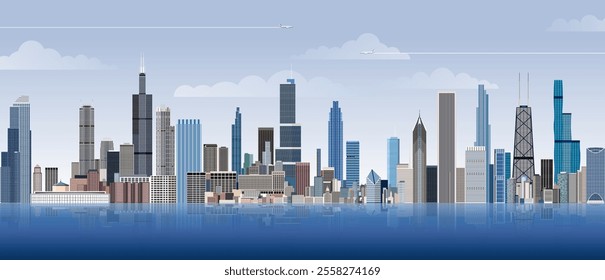 Chicago city skyline on gradient beautiful day sky background. Vector illustration