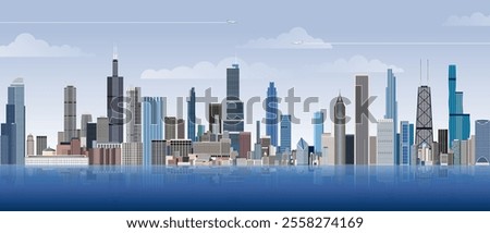 Chicago city skyline on gradient beautiful day sky background. Vector illustration