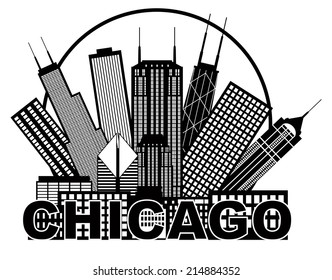 Chicago City Skyline Panorama Black Outline Silhouette in Circle with Text Isolated on White Background Vector Illustration