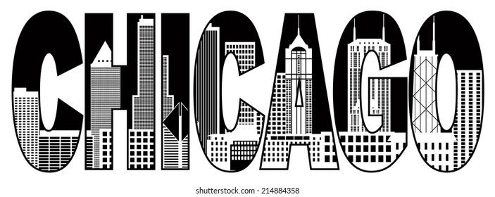 Chicago City Skyline Panorama Black Text Outline Silhouette Isolated on White Background Vector Illustration